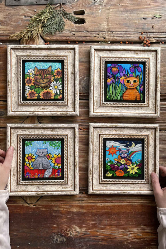 Framed Stone Painting Wall Decoration 8" x 8" Set of 4 Cat Set
