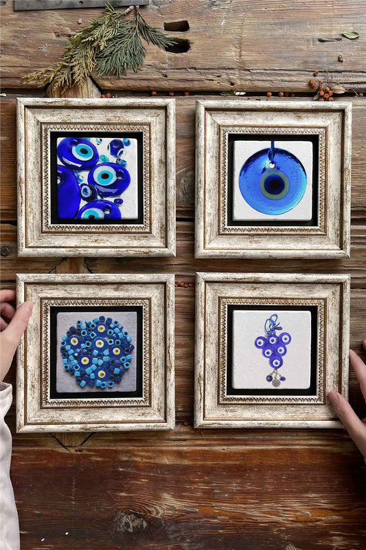 Framed Stone Painting Wall Decoration 8" x 8" Set of 4 Evil Eye Beads Set