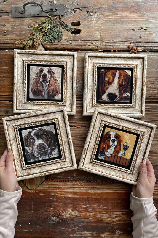 Framed Stone Painting Wall Decoration 8" x 8" Set of 4 Dog Set