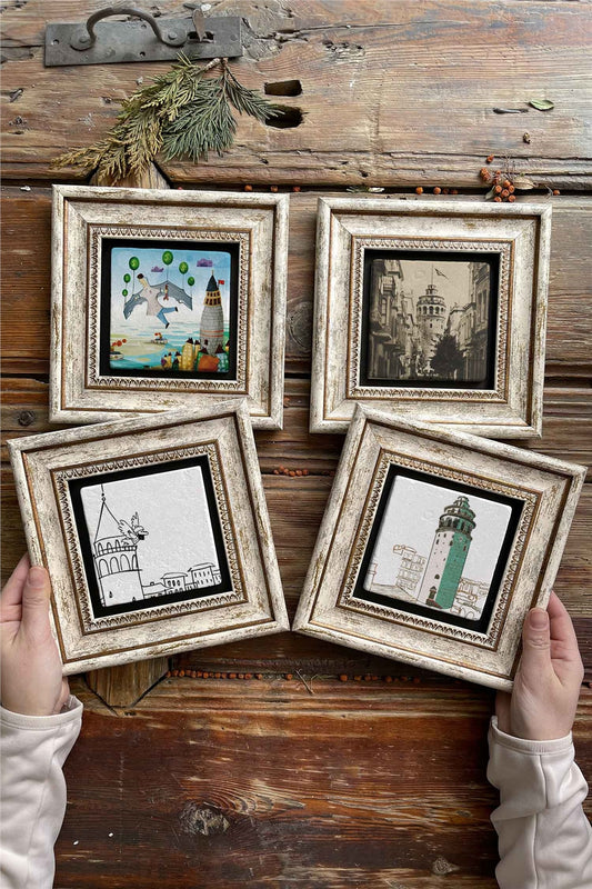 Framed Stone Painting Wall Decoration 8" x 8" Set of 4 Galata Tower Set Hazerfen