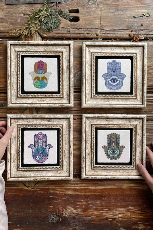 Framed Stone Painting Wall Decoration 8" x 8" Set of 4 Fatma Mother Hand Painting