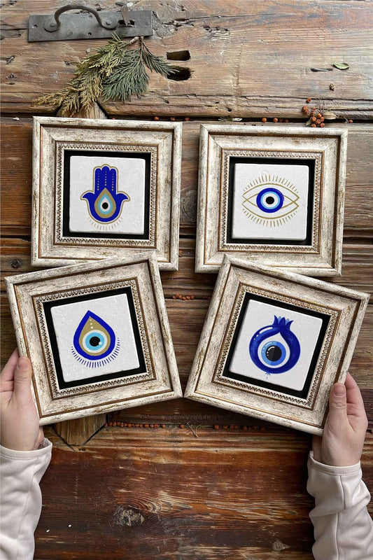Framed Stone Painting Wall Decoration 8" x 8" Set of 4 Evil Eye Set