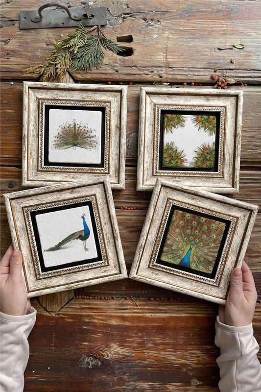 Framed Stone Painting Wall Decoration 8" x 8" Set of 4 Peacock Peacock
