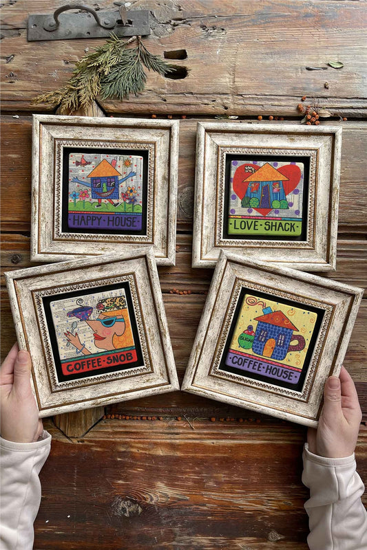 Framed Stone Painting Wall Decoration 8" x 8" Set of 4 Happy House Coffee House