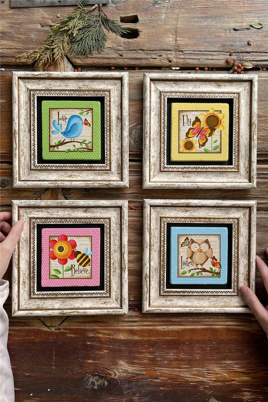 Framed Stone Painting Wall Decoration 8" x 8" Set of 4 Believe Love Fly Set