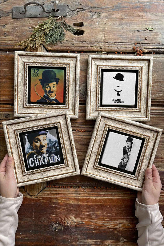 Framed Stone Painting Wall Decoration 8" x 8" Set of 4 Charlie Chaplin Set