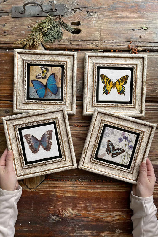 Framed Stone Painting Wall Decoration 8" x 8" Set of 4
