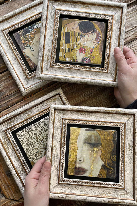 Framed Stone Painting 8" x 8" Set of 4(1337-1335-1334-1336)Girl Gustav Tree Child