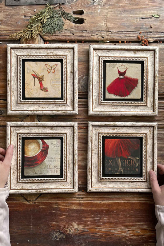 Framed Stone Painting Wall Decoration 8" x 8" Set of 4 Red Set Red