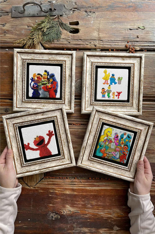 Framed Stone Painting Wall Decoration 8" x 8" Set of 4 Sesame Street Painting