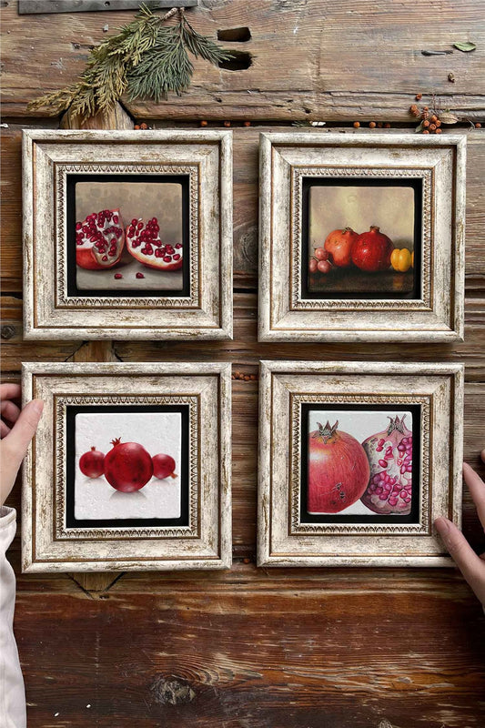Framed Stone Painting Wall Decoration 8" x 8" Set of 4 Pomegranate Set