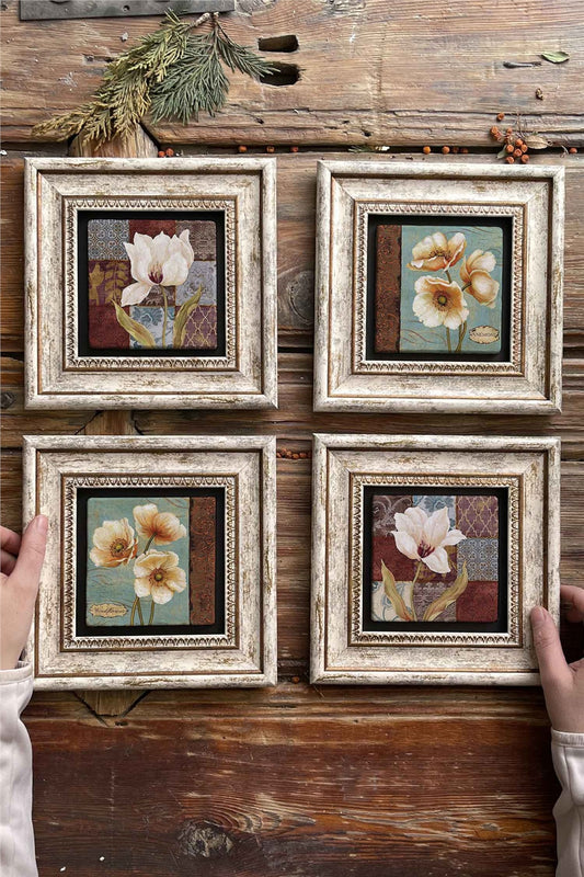 Framed Stone Painting Wall Decoration 8" x 8" Set of 4 Flower Flower Set