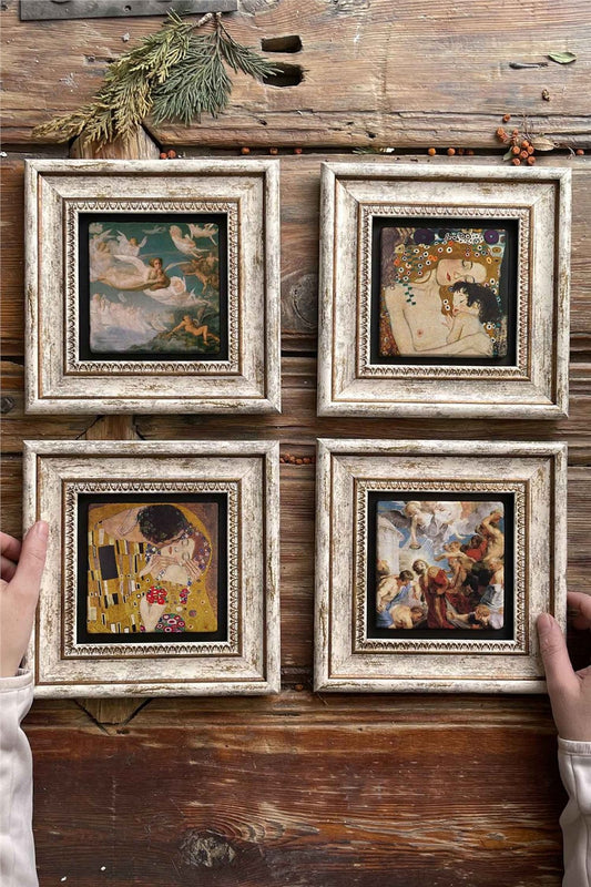 Framed Stone Painting Wall Decoration 8" x 8" Set of 4 Gustav Klimt Paintings Renaissance