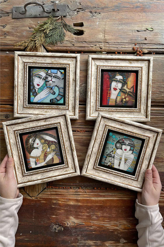 Framed Stone Painting Wall Decoration 8" x 8" Set of 4