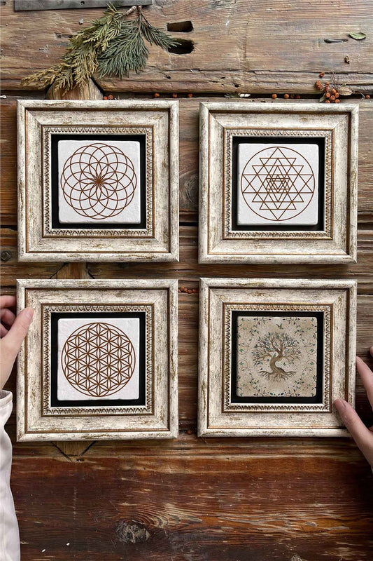 Framed Stone Painting Wall Decoration 8" x 8" Set of 4 Flower of Life Sri Yantra Torus