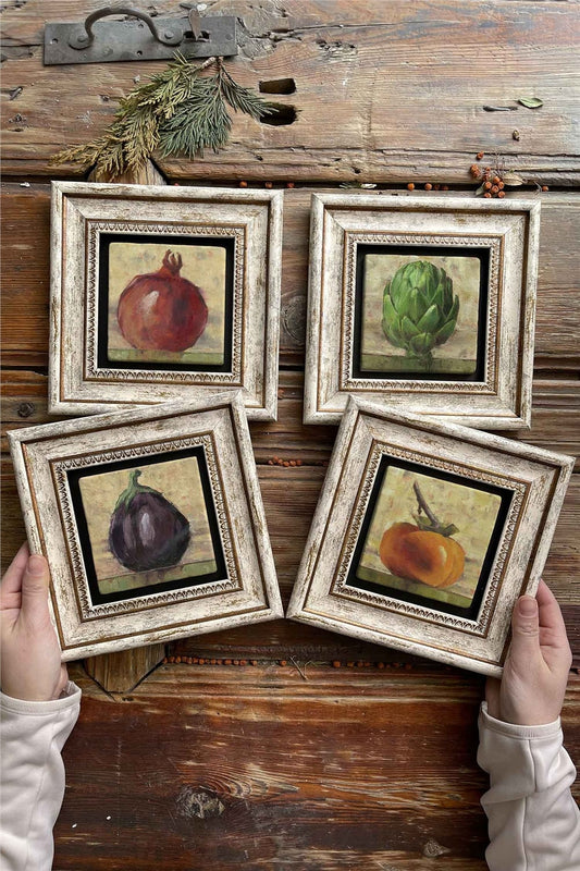 Framed Stone Painting Wall Decoration 8" x 8" Set of 4