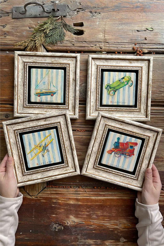 Framed Stone Painting Wall Decoration 8" x 8" Set of 4 Children's Room Painting