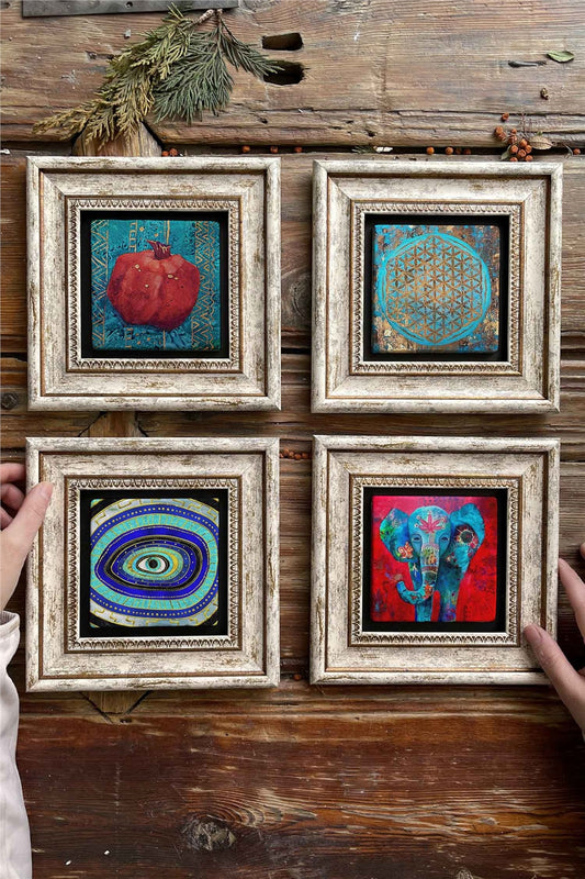 Framed Stone Painting Wall Decoration 8" x 8" Set of 4 Pomegranate Evil Eye Elephant Flower of Life