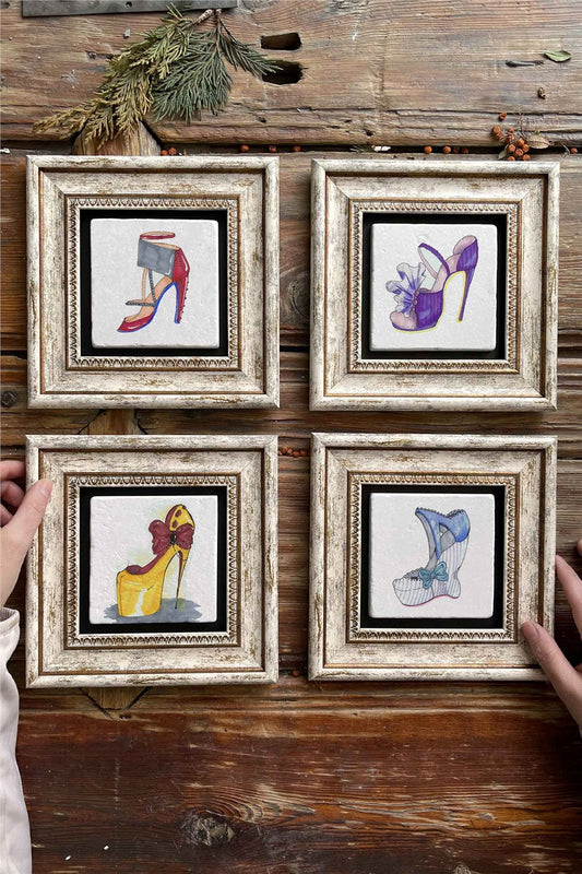 Framed Stone Painting Wall Decoration 8" x 8" Set of 4 High Heeled Women's Shoes