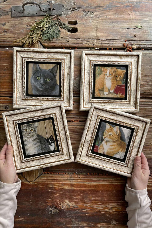 Framed Stone Painting Wall Decoration 8" x 8" Set of 4 Cat Set Cat Set