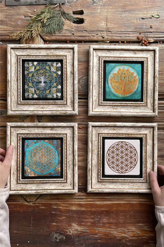 Framed Stone Painting Wall Decoration 8" x 8" Set of 4 Lotus Flower of Life