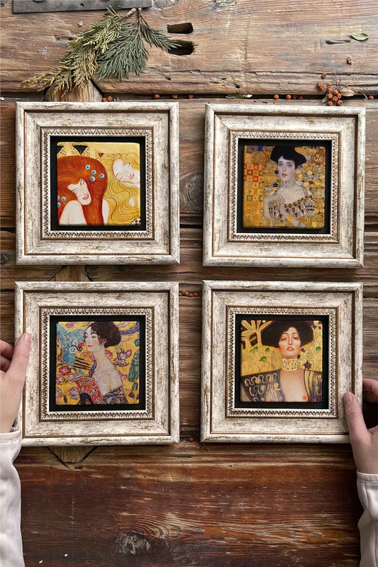 Framed Stone Painting Wall Decoration 8" x 8" Set of 4 Gustav Klimt Paintings