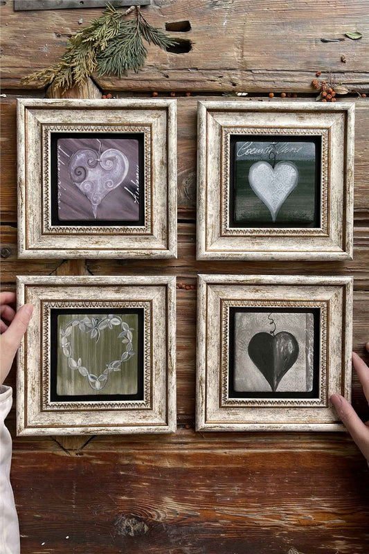 Framed Stone Painting Wall Decoration 8" x 8" Set of 4 Heart Heart Set