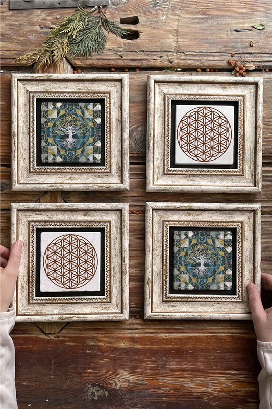 Framed Stone Painting Wall Decoration 8" x 8" Set of 4 Tree of Life Flower of Life