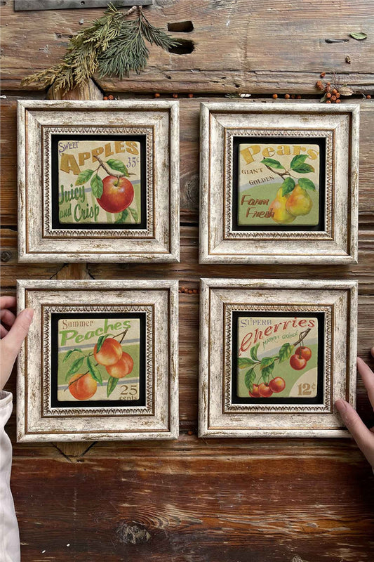 Framed Stone Painting Wall Decoration 8" x 8" Set of 4 Fruits Peach
