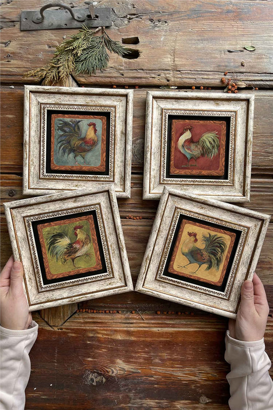 Framed Stone Painting Wall Decoration 8" x 8" Set of 4 Rooster Set