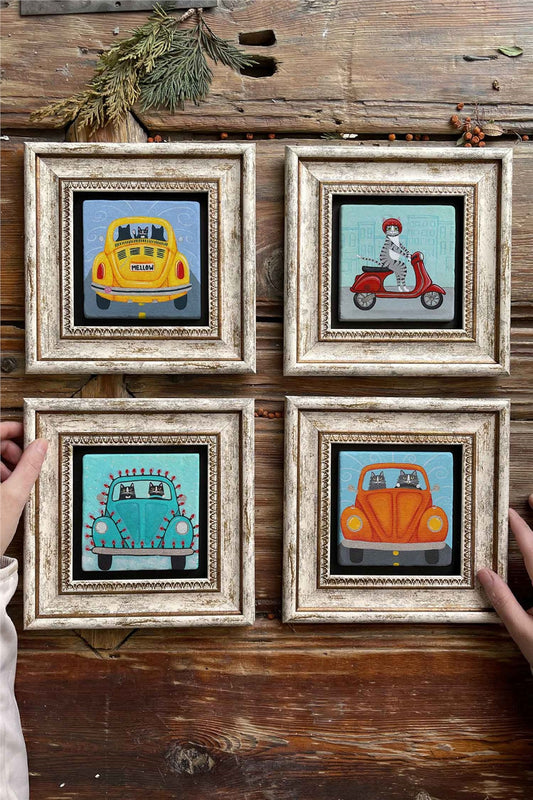 Framed Stone Painting Wall Decoration 8" x 8" Set of 4 Vosvos Set
