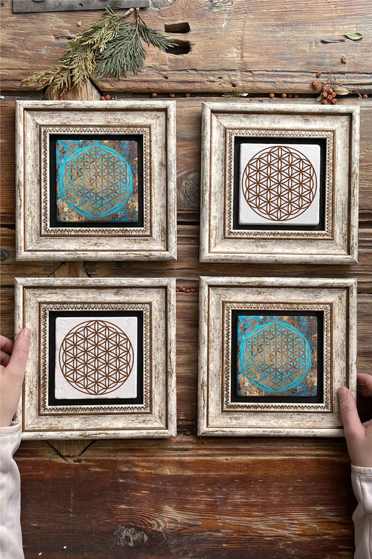 Framed Stone Painting Wall Decoration 8" x 8" Set of 4 Flower of Life Set
