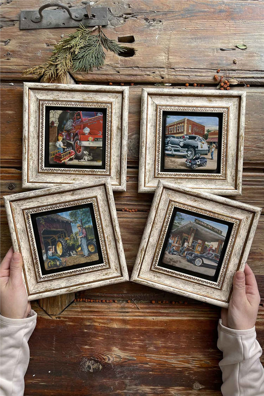 Framed Stone Painting Wall Decoration 8" x 8" Set of 4