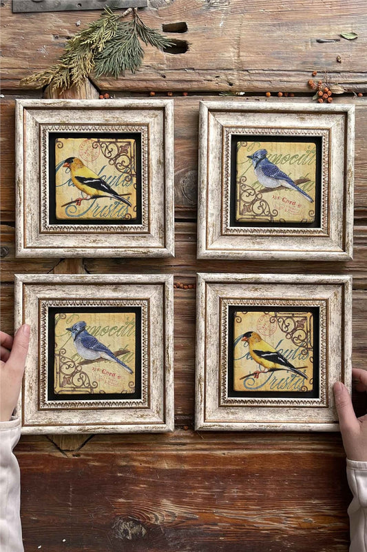 Framed Stone Painting Wall Decoration 8" x 8" Set of 4 Bird Set