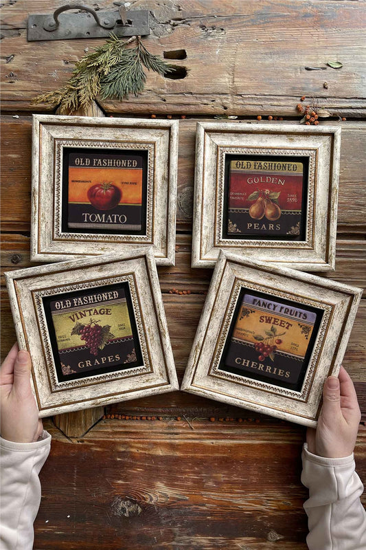 Framed Stone Painting Wall Decoration 8" x 8" Set of 4 Kitchen Paintings