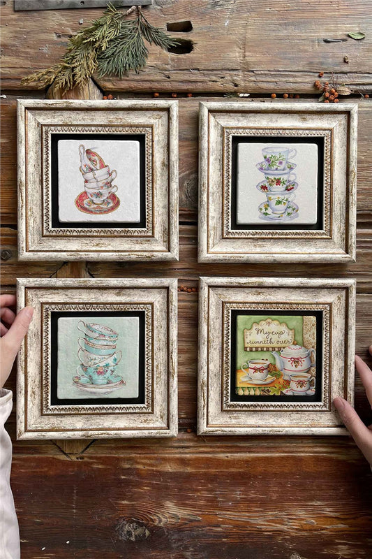 Framed Stone Painting Wall Decoration 8" x 8" Set of 4