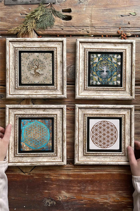 Framed Stone Painting Wall Decoration 8" x 8" Set of 4 Tree of Life Flower of Life