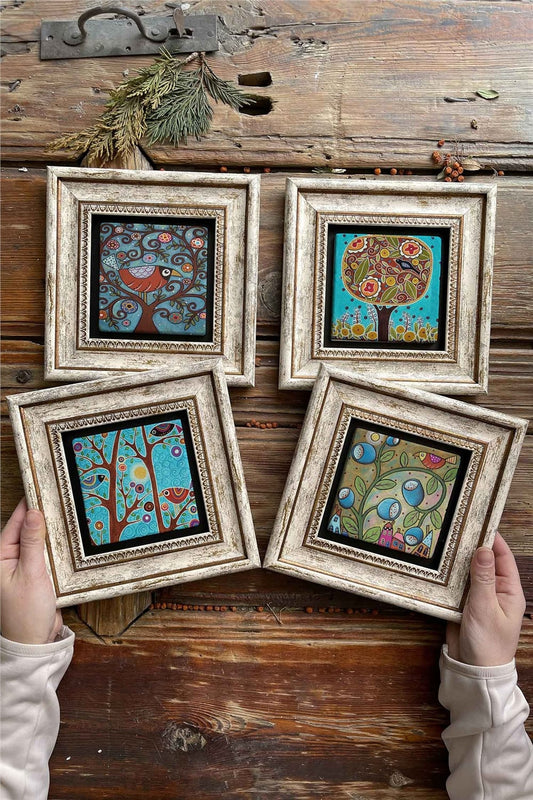 Framed Stone Painting Wall Decoration 8" x 8" Set of 4 Sea Horse Starfish