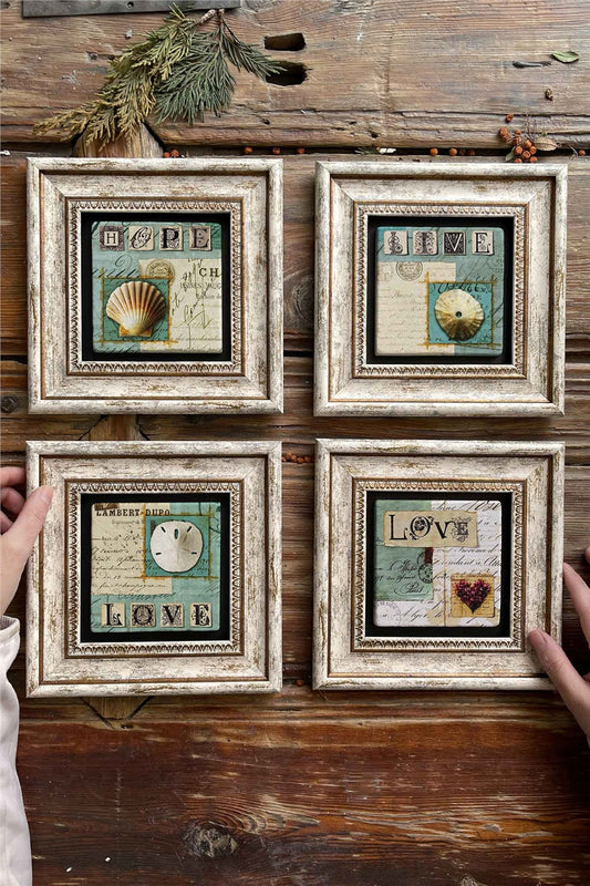 Framed Stone Painting Wall Decoration 8" x 8" Set of 4
