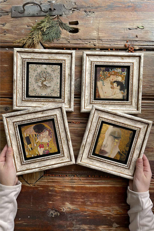 Framed Stone Painting Wall Decoration 8" x 8" Set of 4 Gustav Klimt Tree of Life