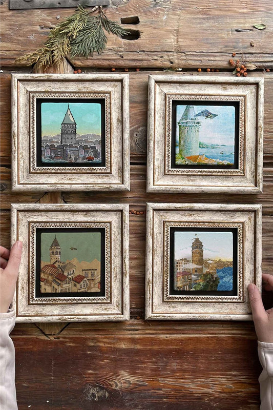 Framed Stone Painting Wall Decoration 8" x 8" Set of 4 Galata Tower Set Hazerfen