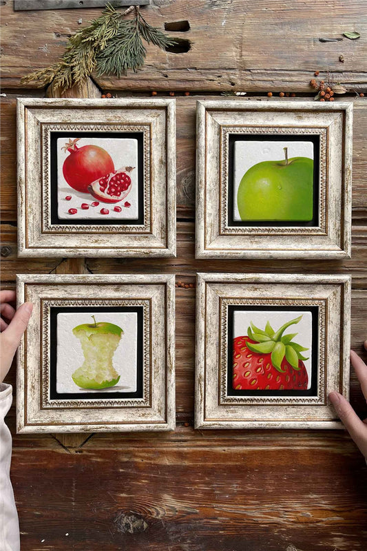 Framed Stone Painting Wall Decoration 8" x 8" Set of 4 Apple Strawberry Gift Set