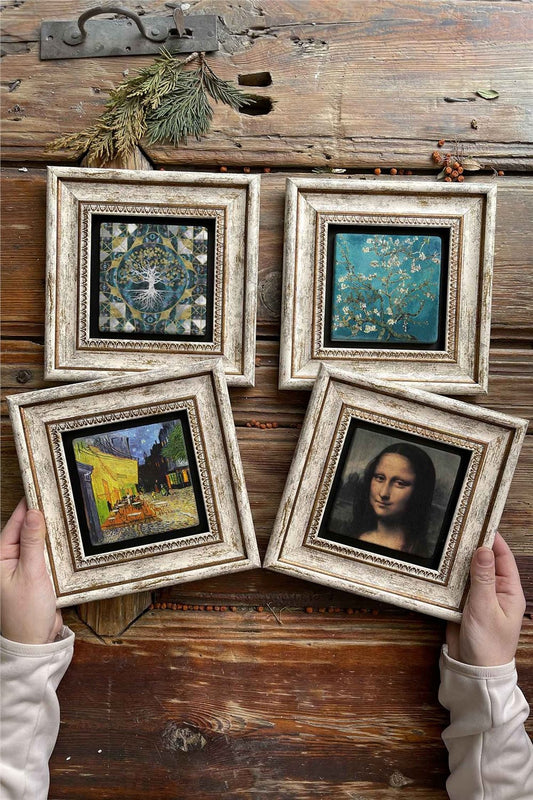 Framed Stone Painting Wall Decoration 8" x 8" Set of 4 Van Gogh Paintings Renaissance