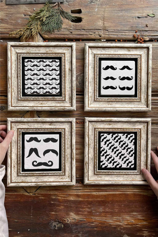 Framed Stone Painting Wall Decoration 8" x 8" Set of 4 Mustache Set