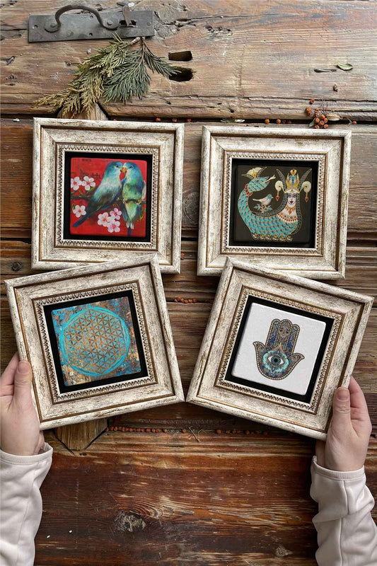 Framed Stone Painting 8" x 8" Set of 4(1230-1213-1090-114)Bird Basilisk Flower of Life