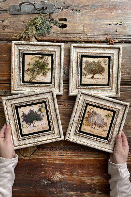 Framed Stone Painting Wall Decoration 8" x 8" Set of 4 Lemon Trees Painting