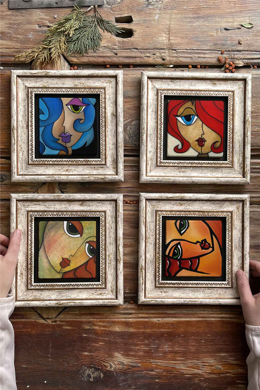 Framed Stone Painting Wall Decoration 8" x 8" Set of 4