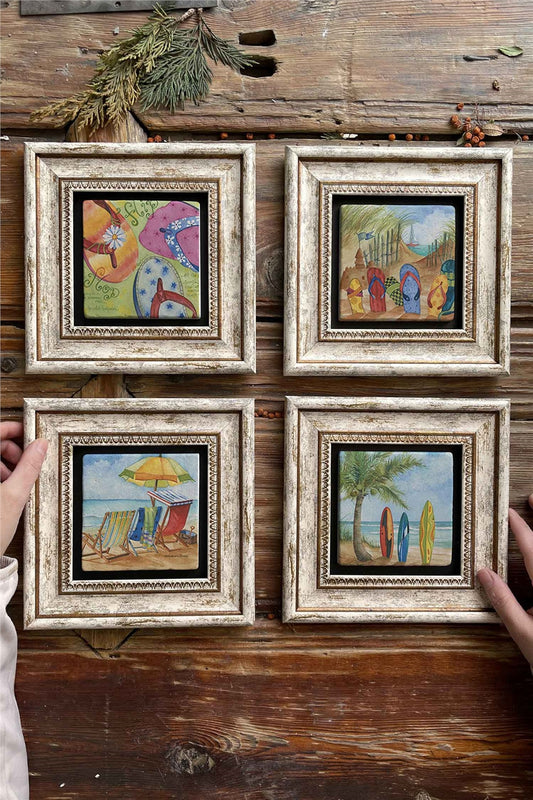 Framed Stone Painting Wall Decoration 8" x 8" Set of 4 Sailboat Bird Beach
