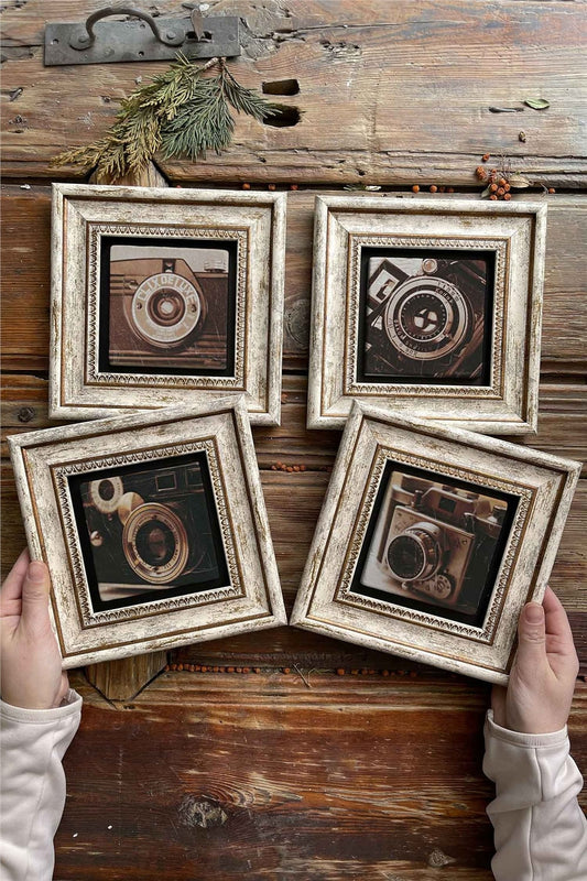 Framed Stone Painting Wall Decoration 8" x 8" Set of 4 Old Camera Set