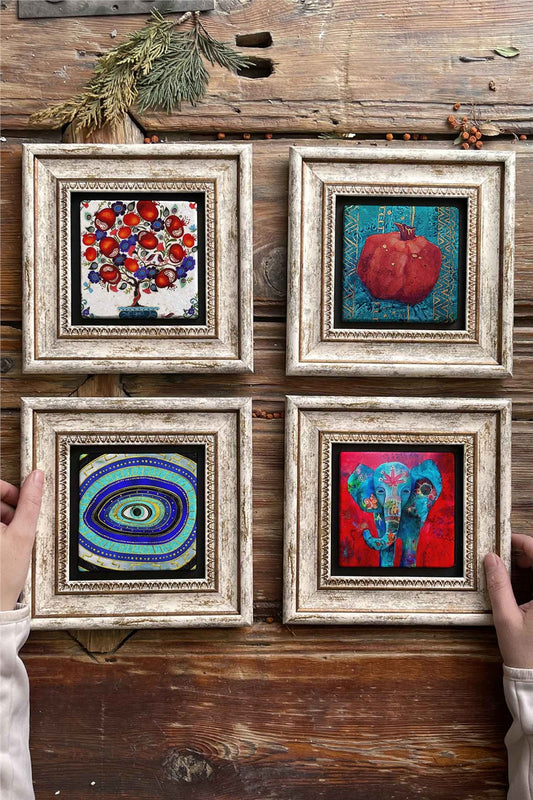 Framed Stone Painting Wall Decoration 8" x 8" Set of 4 Pomegranate Tree Evil Eye Tree of Life